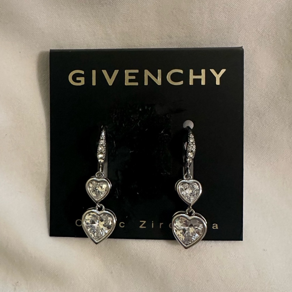 GIVENCHY Silver Tone Heart Drop Cubic Zirconia Earrings